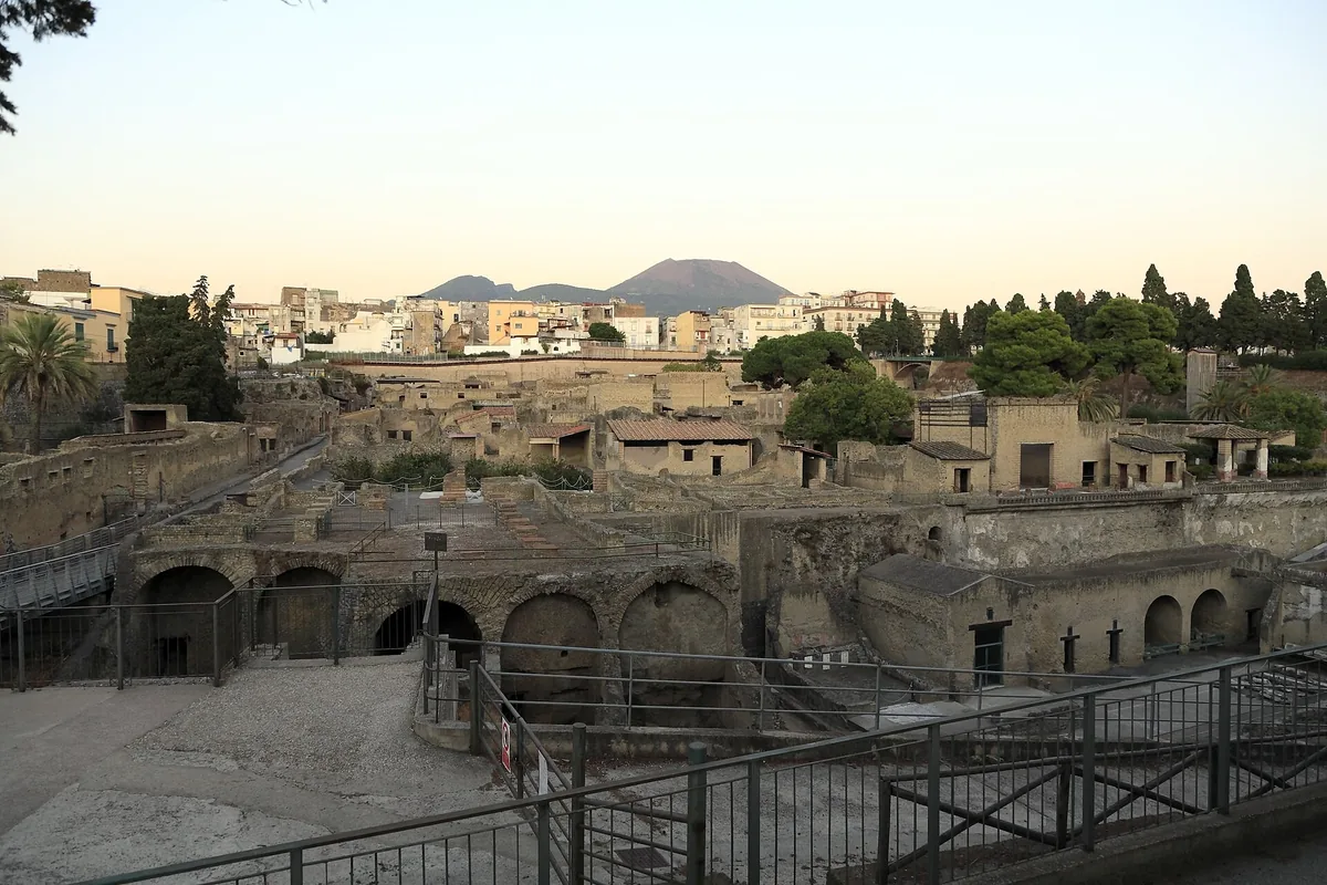 The Herculaneum excavations with modern Ercolano and Vesuvius behind
