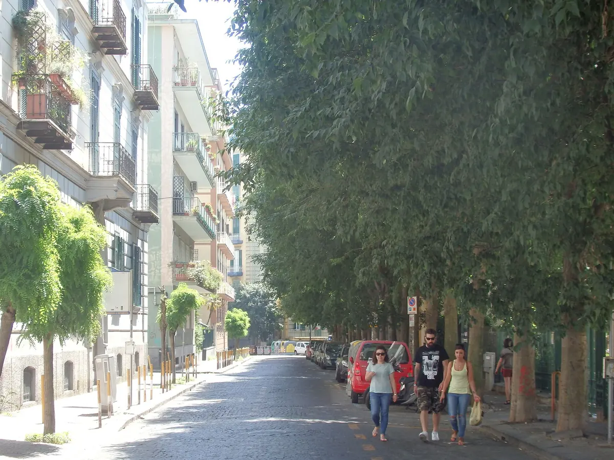 Piétons dans une rue résidentielle calme et arborée du quartier Vomero