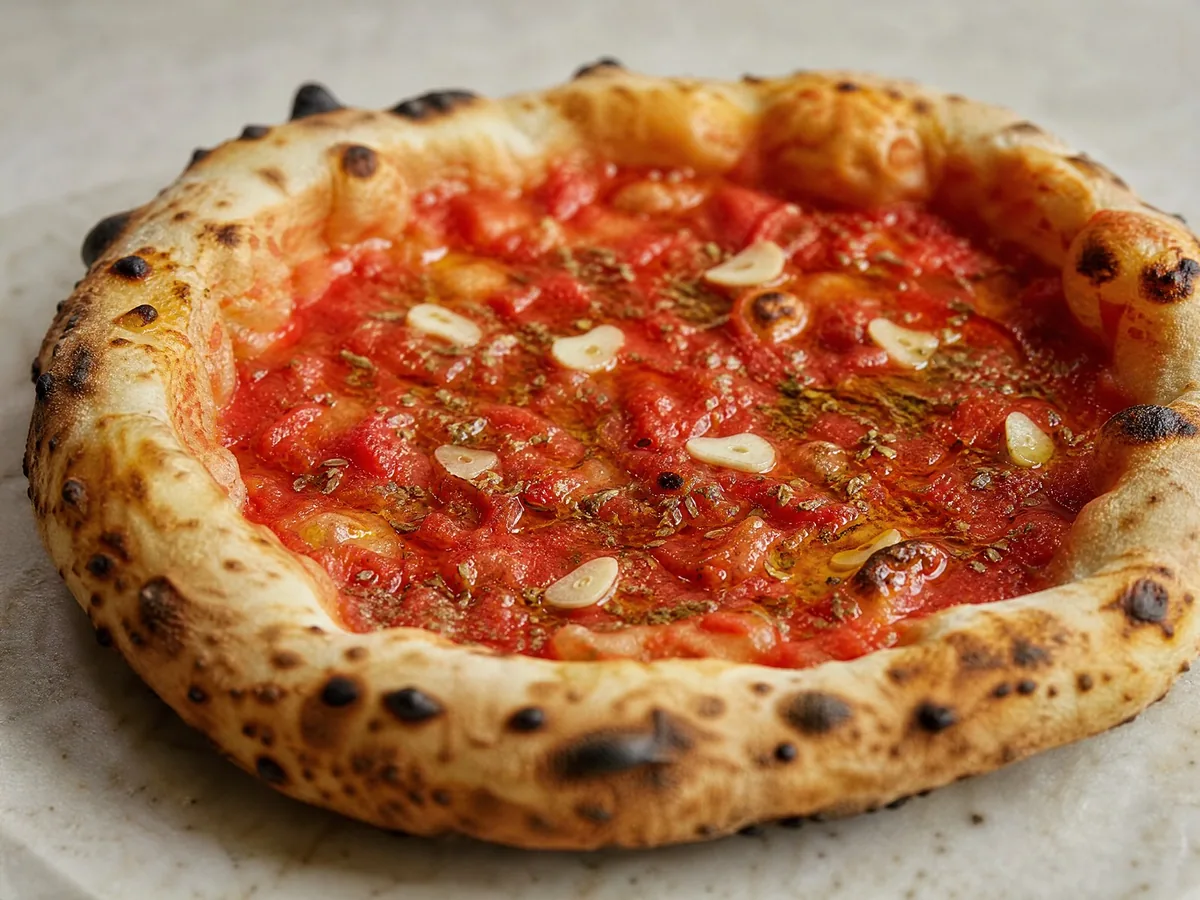 Marinara with a tall, airy rim, tomato, garlic, oregano and oil added after baking
