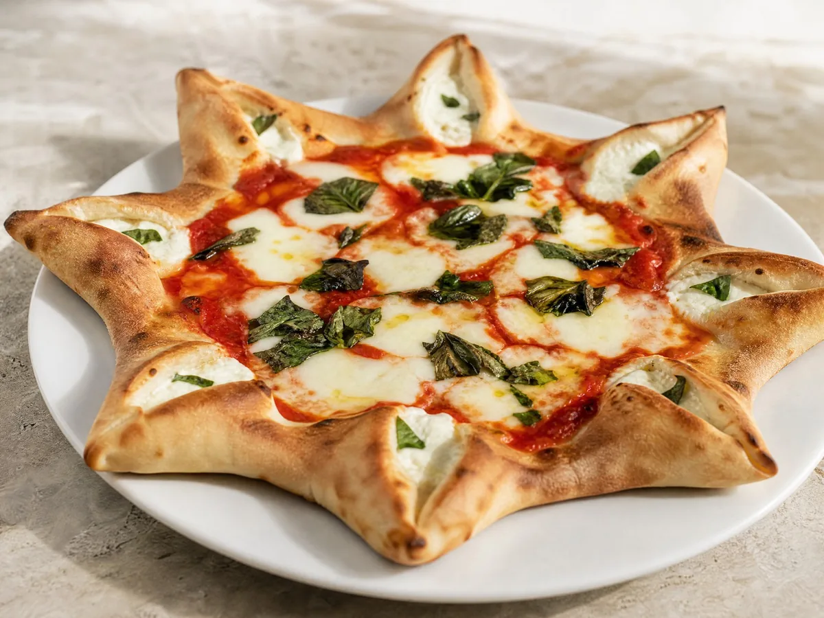 Achtspitzige Sternpizza, jede Spitze mit frischem Ricotta gefüllt, um einen Tomaten-Mozzarella-Kern