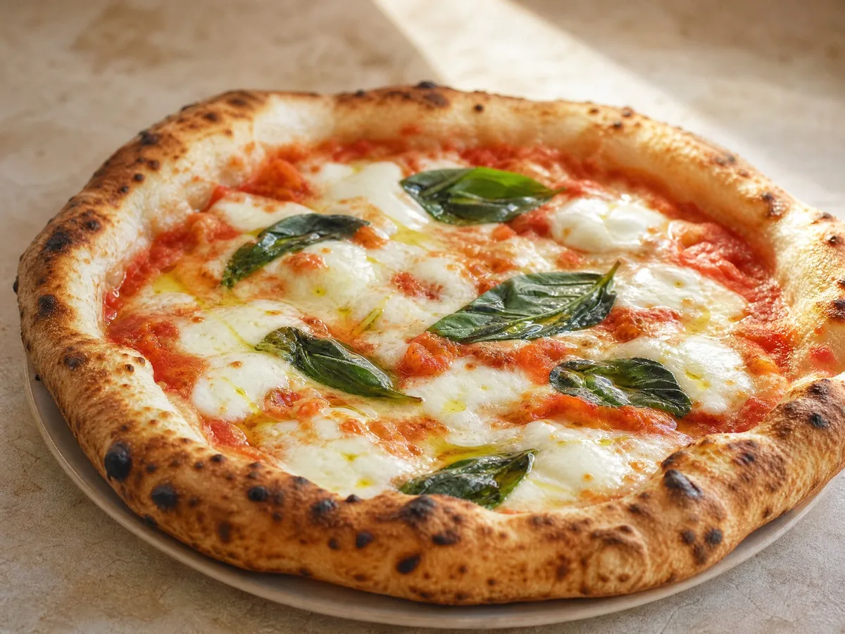 Margherita with tomato, fior di latte, olive oil and basil, the rim spilling past the plate