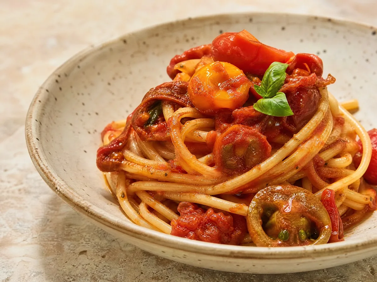 Pomod'oro: Gragnano-Spaghettone mit campanischen Tomaten in verschiedenen Sorten und Texturen