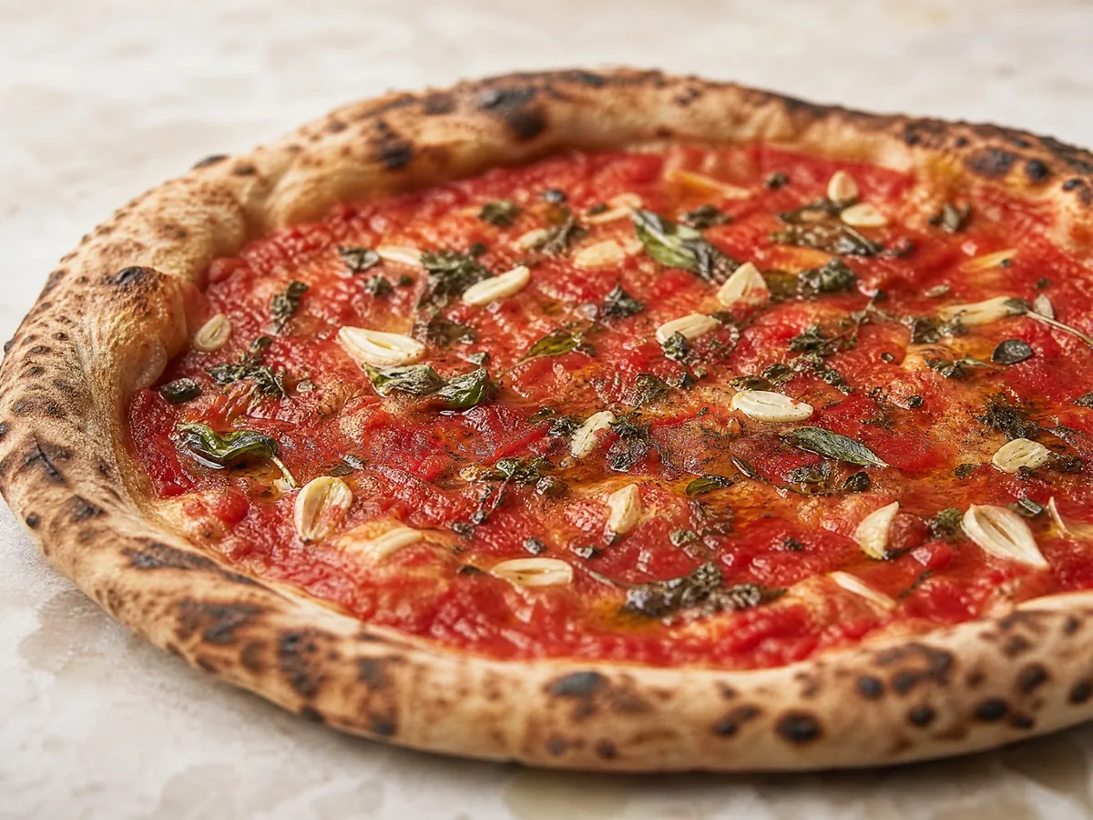 Marinara with wild Monte Saro oregano and Ufita garlic, wider than the plate