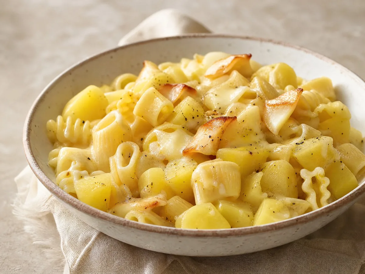 Pasta e patate con provola affumicata: pasta, patate e provola affumicata mescolate, cotte cremose