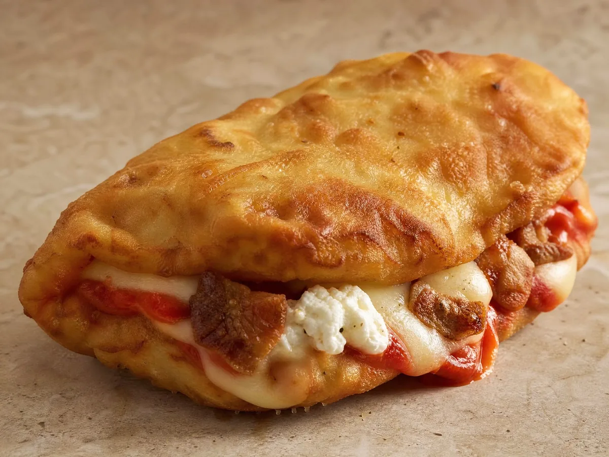 Battilocchio, the small folded fried pizza with provola, tomato, ricotta, cicoli and pepper