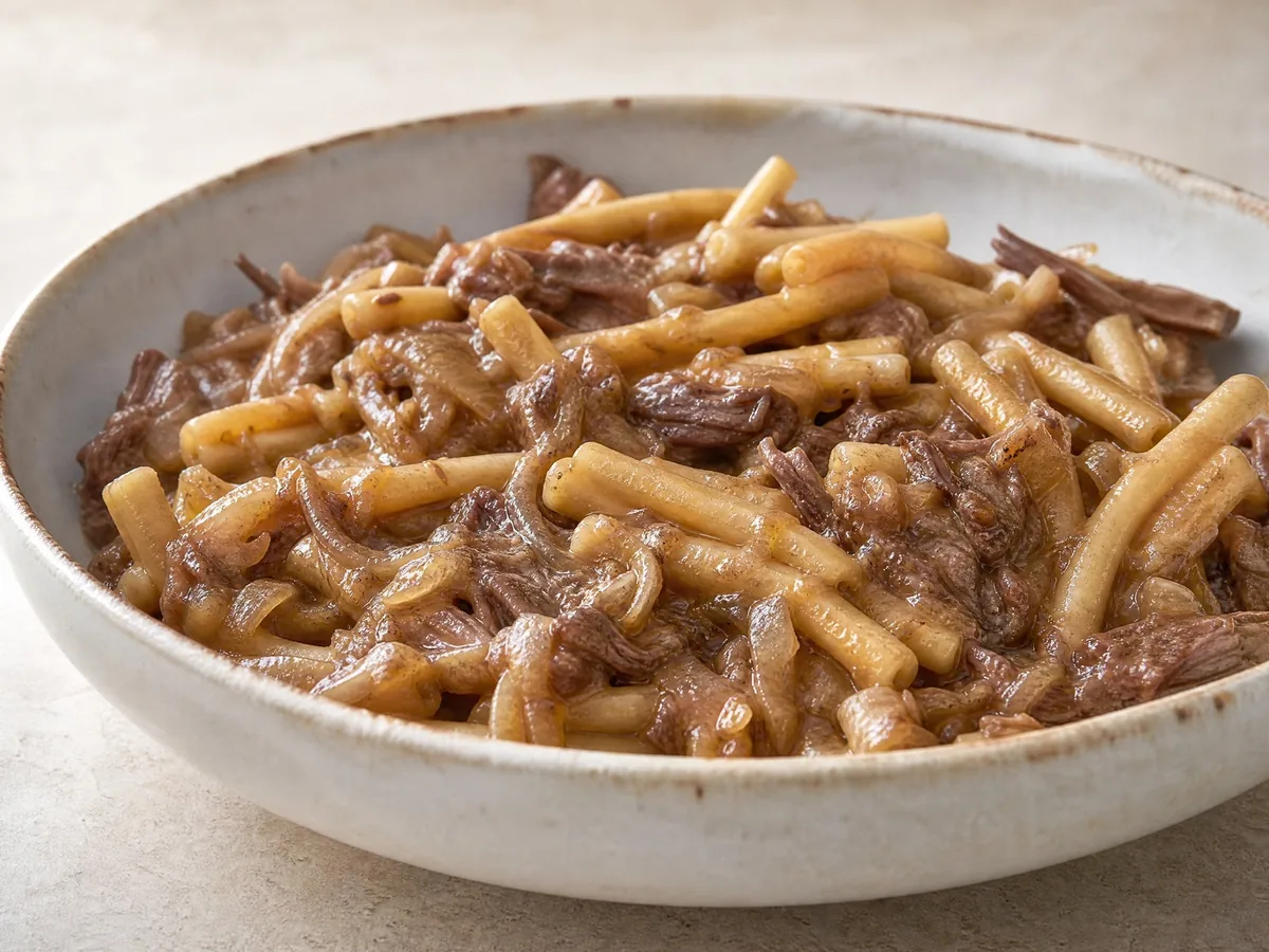 Candele alla genovese: pasta candele spezzata e cotta lentamente in un ragù di cipolla e carne di manzo