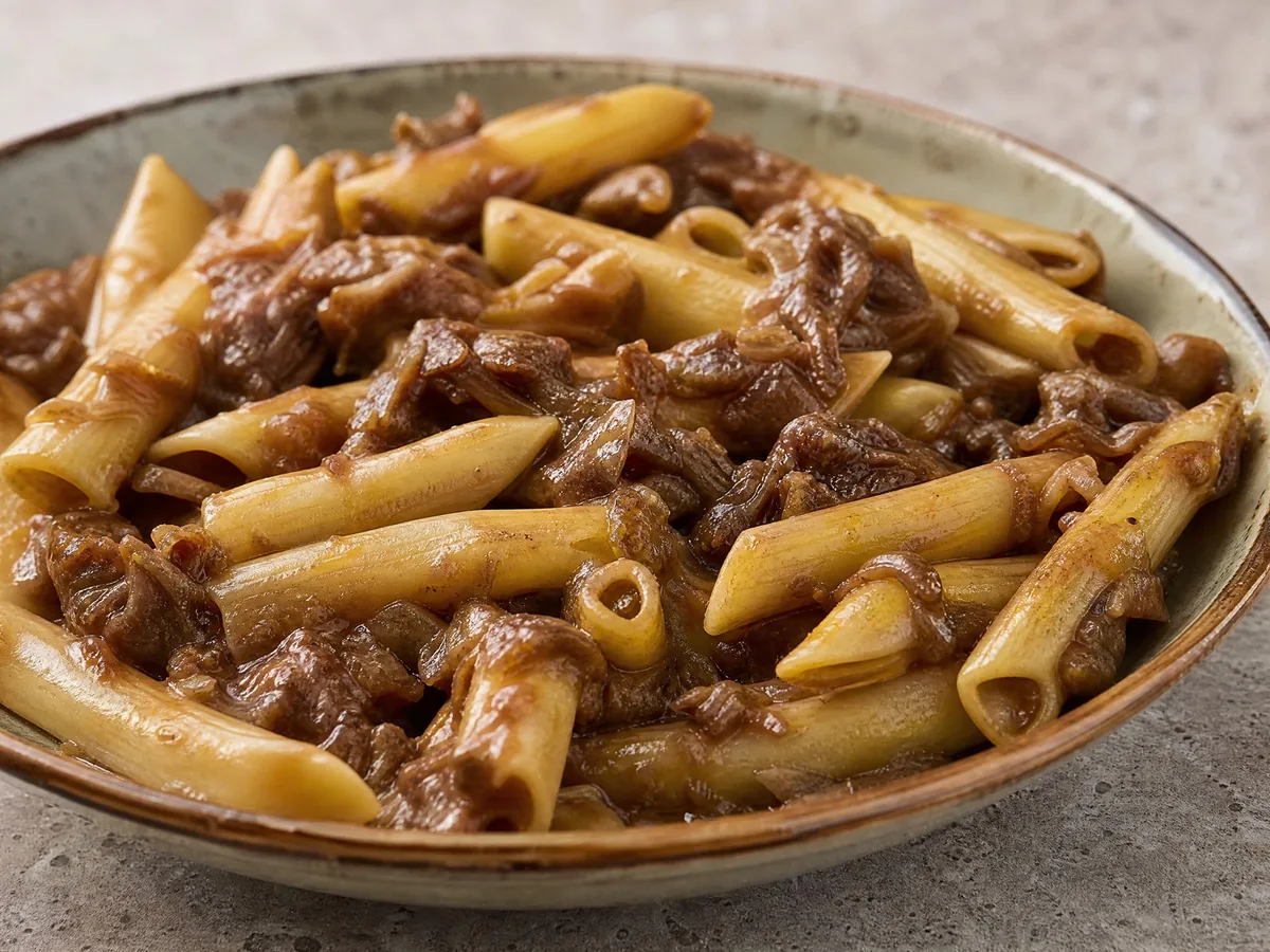 Penne lisce alla genovese: penne lisce in sugo di cipolle e manzo cotto a lungo