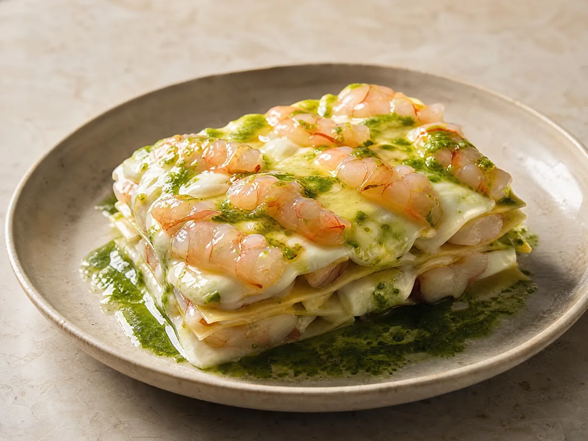 Lasagnetta mit mozzarella di bufala und rohen Garnelen mit einer grünen Brokkoli-Blatt-Sauce