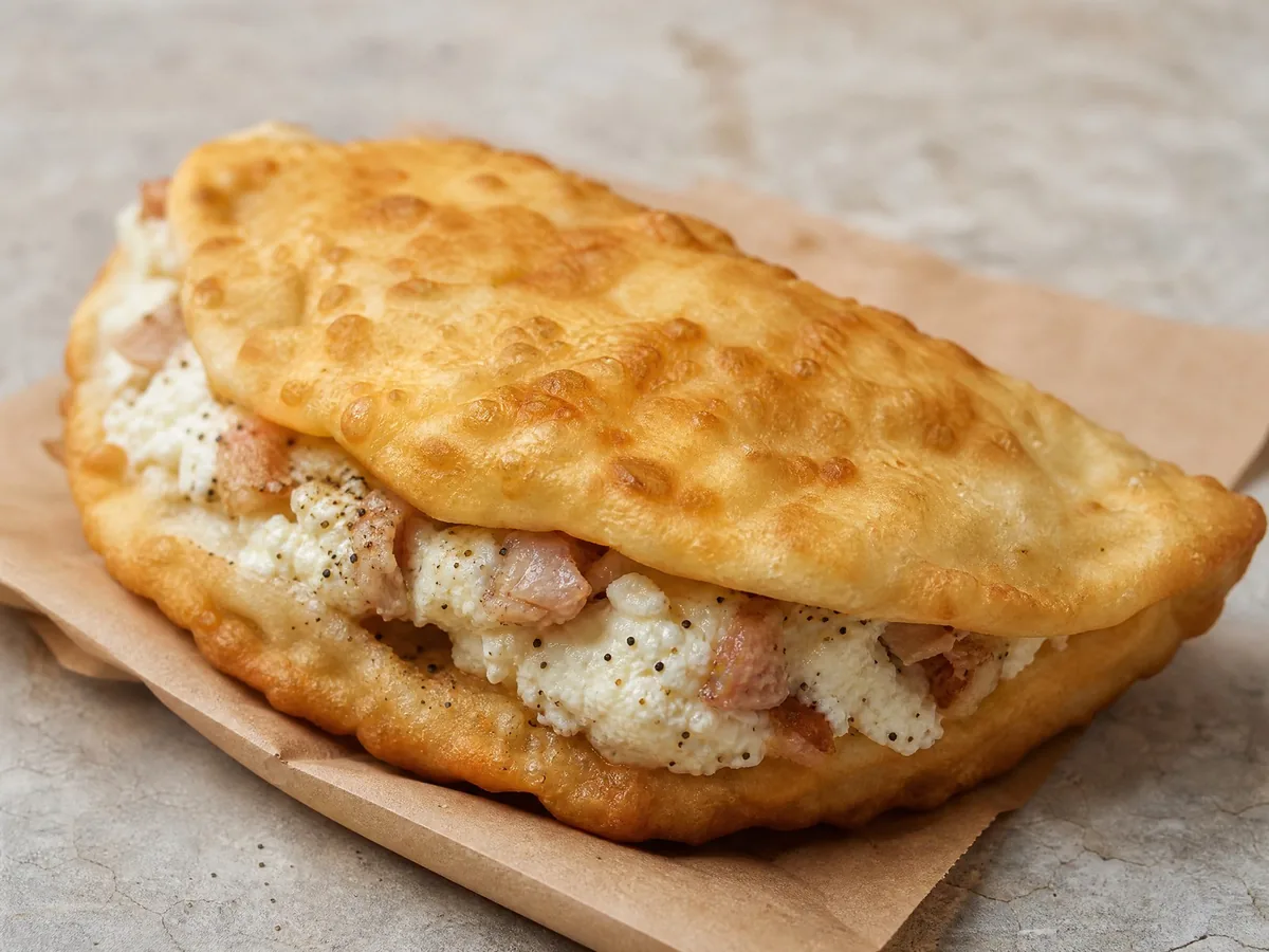 Pizza fritta folded around ricotta, cicoli and black pepper
