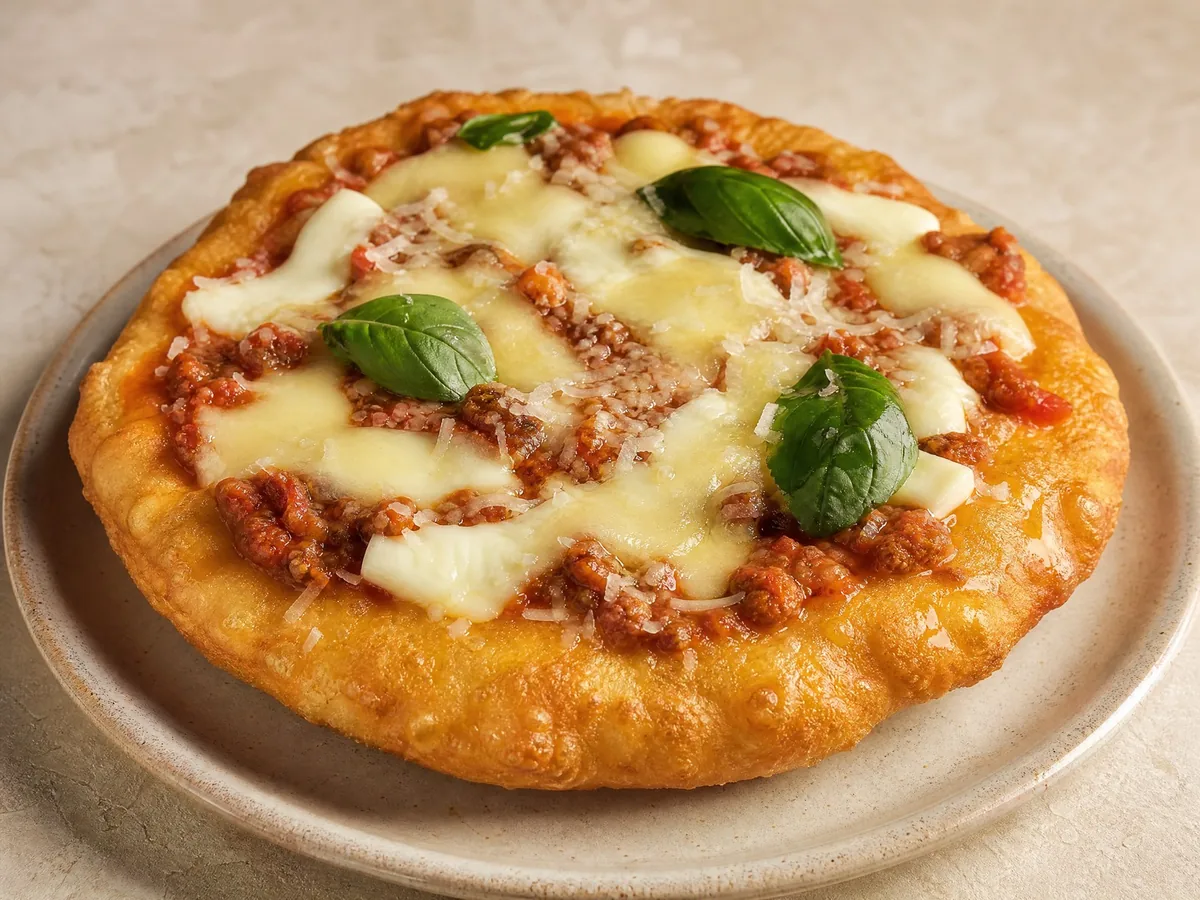 Montanara Starita: frittierter, dann im Ofen fertig gebackener Teig mit ragù, geräucherter Provola, Pecorino und Basilikum