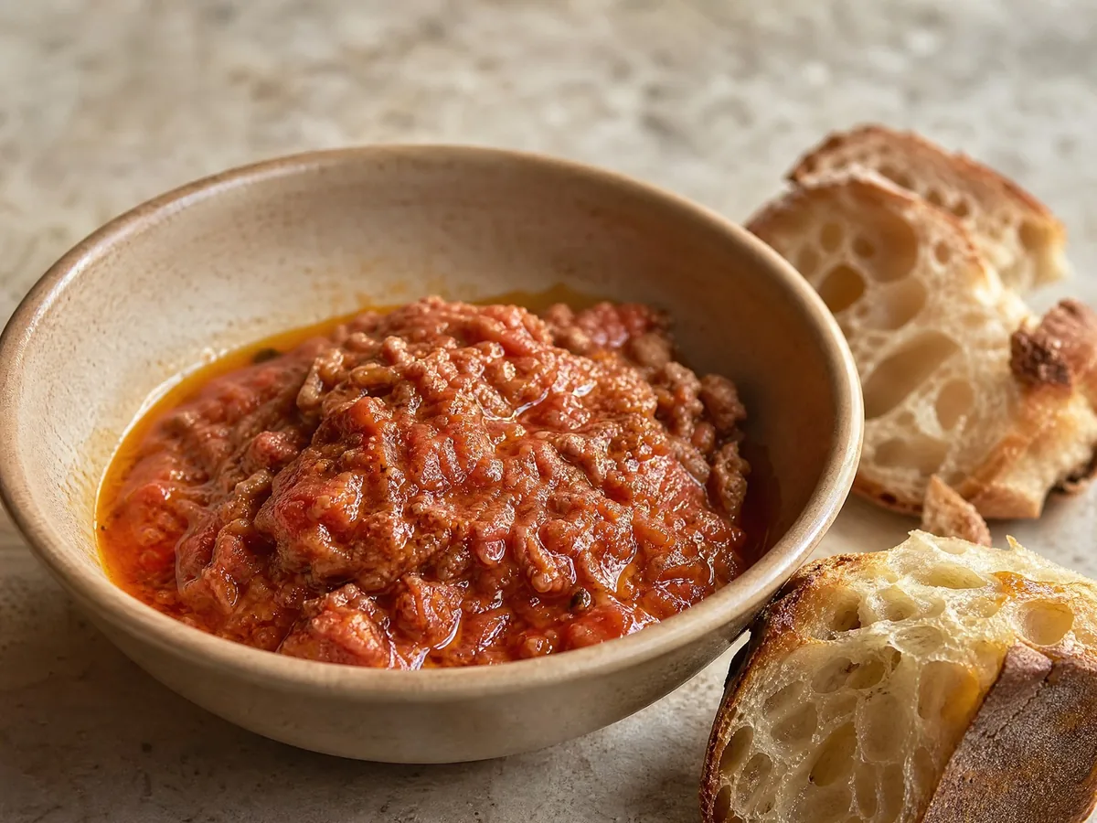 Une scarpetta : un bol de ragù napolitain servi avec du pain pour le saucer