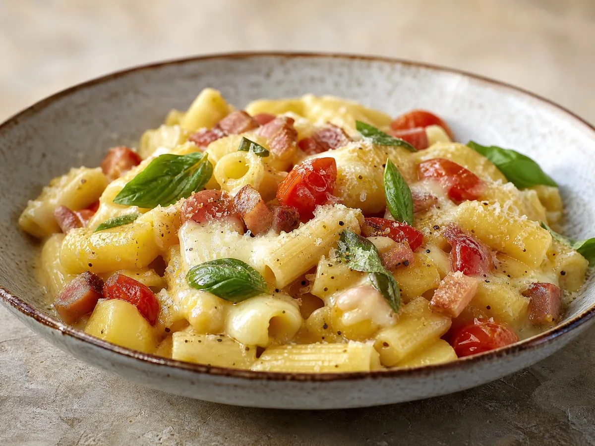 Pasta e patate con provola, pancetta, pomodorini, basilico e Pecorino Romano