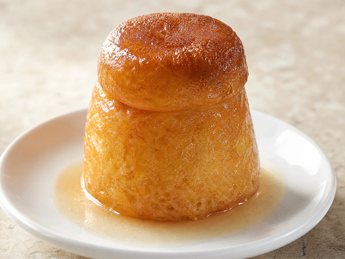Ein mit Sirup glänzender Rum-Babà auf einem kleinen weißen Teller
