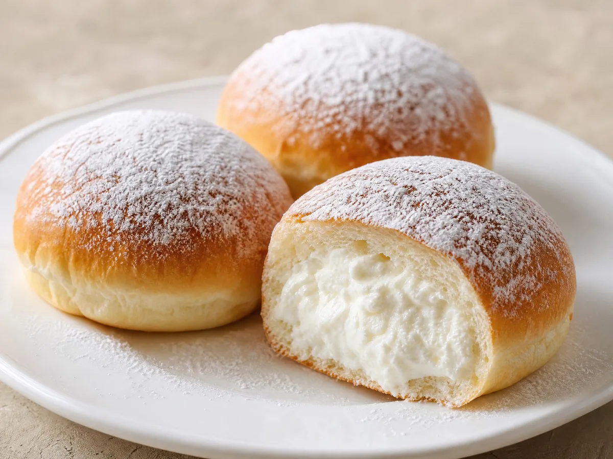 Kleine, zuckerbestäubte Brioche-Brötchen, eines aufgeschnitten mit einer Füllung aus Ricotta und Sahne