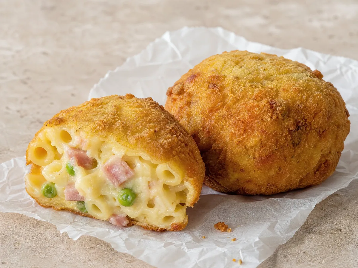 Zwei frittierte Pastafrikadellen, eine aufgeschnitten, um Bucatini, Béchamelsauce, Schinken und Erbsen zu zeigen