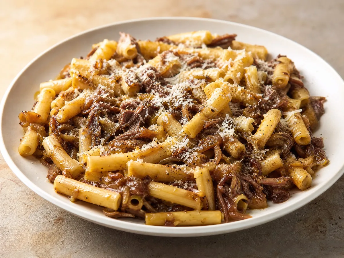 Gebrochene ziti in einer goldbraunen Zwiebel- und Rindfleisch-genovese-Sauce