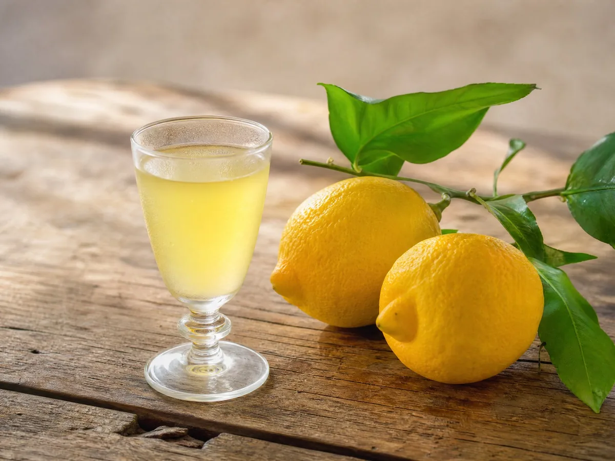 Ein kleines, gekühltes Glas Limoncello neben zwei Zitronen mit Blättern