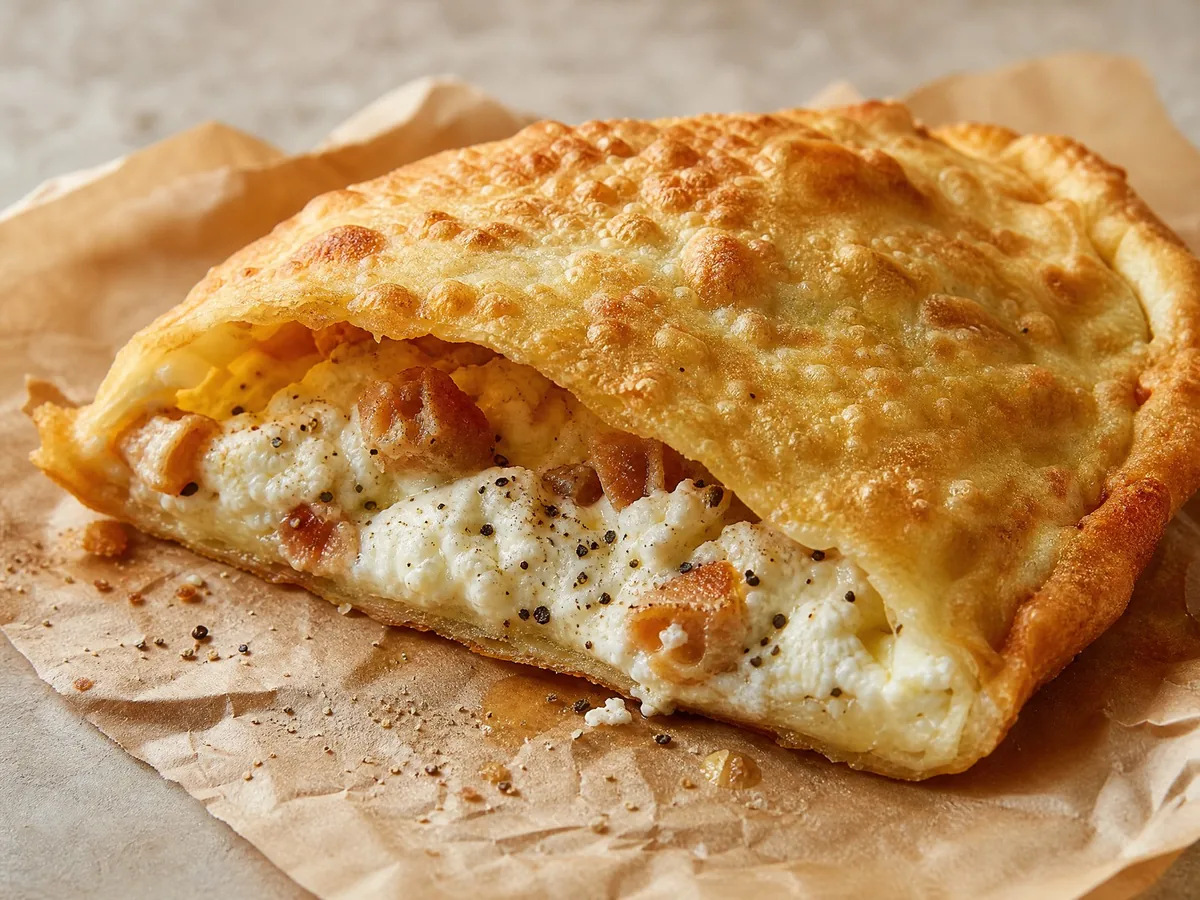 Eine goldene frittierte pizza fritta, aufgeschnitten, mit Ricotta und Schweineschwarten gefüllt