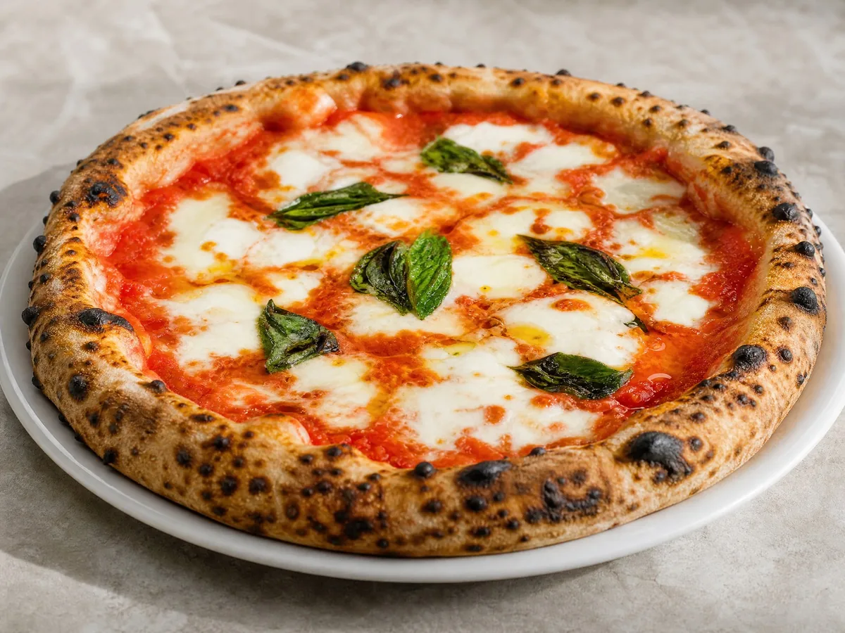 Eine neapolitanische Margherita mit aufgeblähtem, verkohltem Rand, Tomaten, geschmolzenem Mozzarella und Basilikum