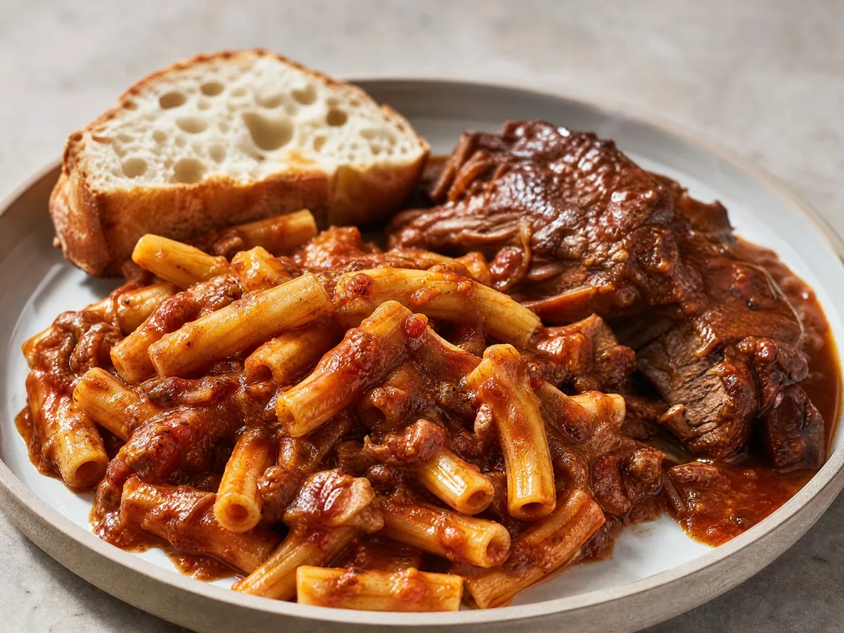 Ziti in einer tiefroten, langsam gekochten Fleisch-ragù mit einem Stück Schmorbraten