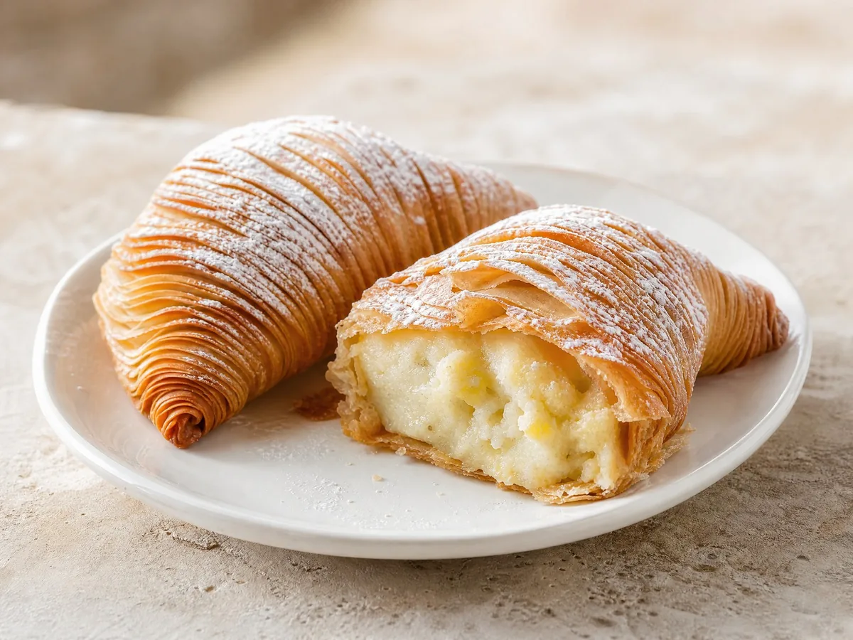 Zwei muschelförmige sfogliatelle mit Puderzucker bestäubt, eine aufgebrochen, um die Füllung zu zeigen