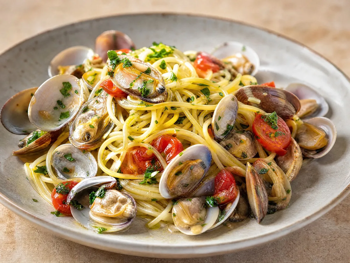 Spaghetti mit Venusmuscheln in der Schale, Knoblauch, Olivenöl und Petersilie