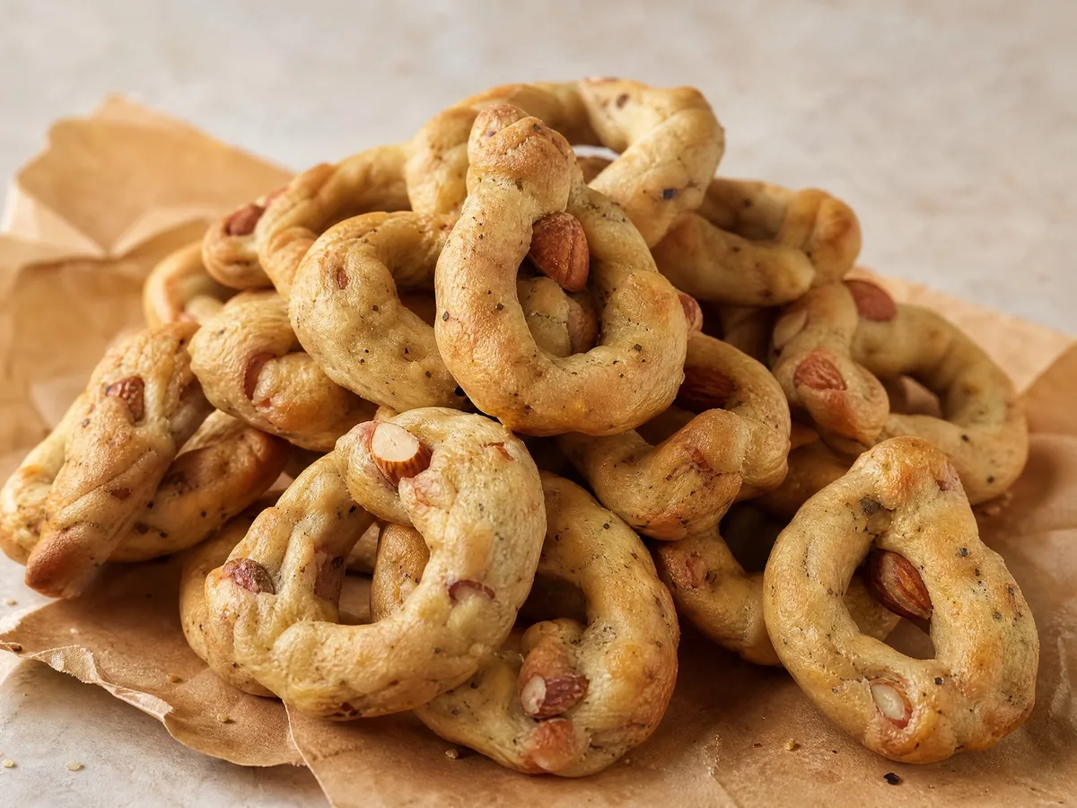 Gedrehte taralli mit Mandeln und schwarzem Pfeffer auf braunem Papier