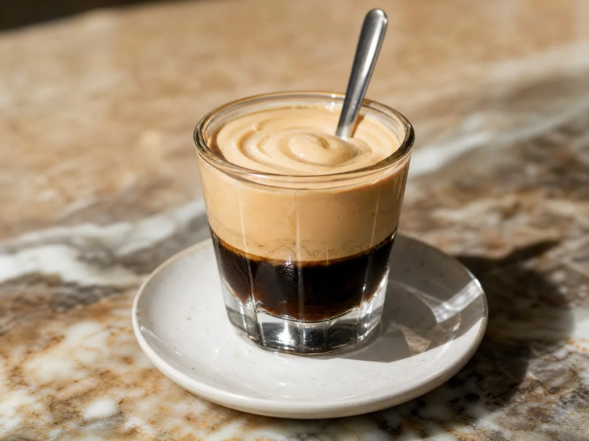 An espresso topped with hazelnut cream, a tiny spoon standing in it