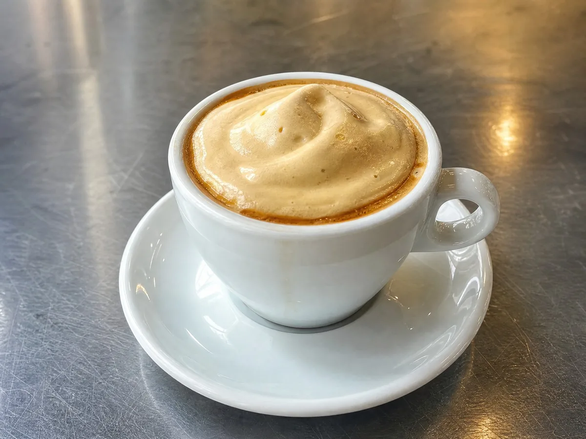 An espresso with a thick cap of whipped sugared crema in a white cup