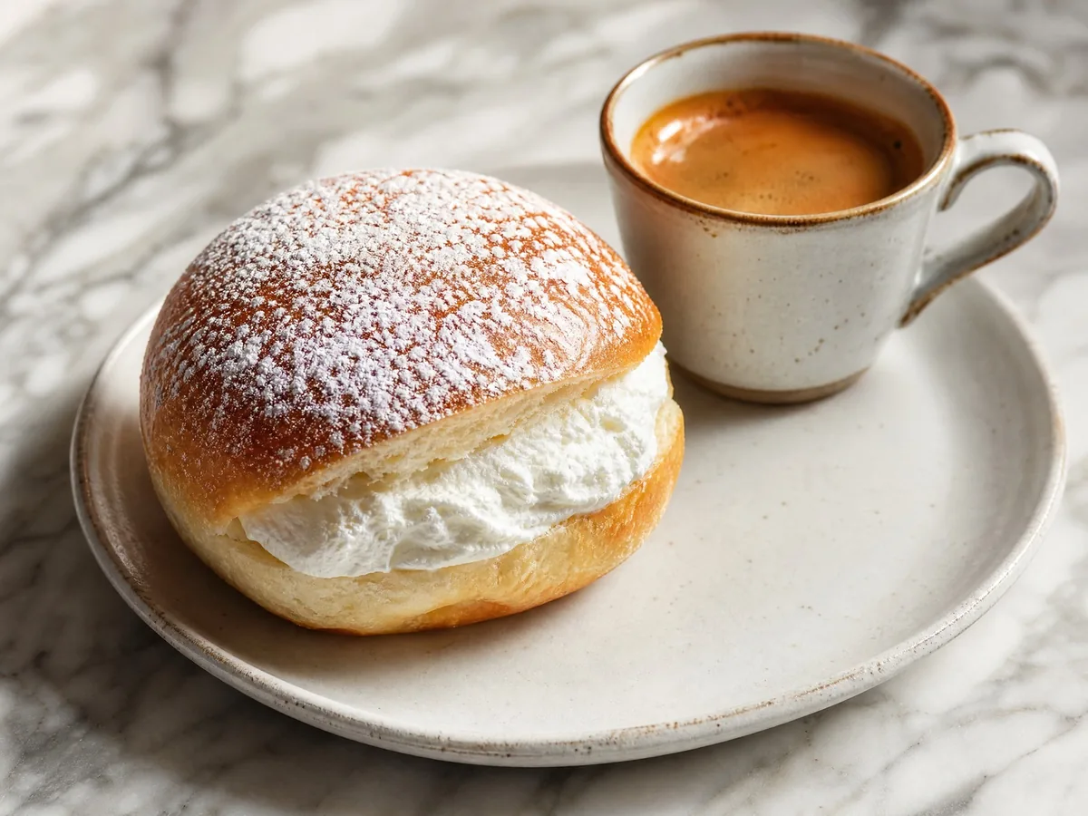 A sugar-dusted cream-filled brioche beside an espresso