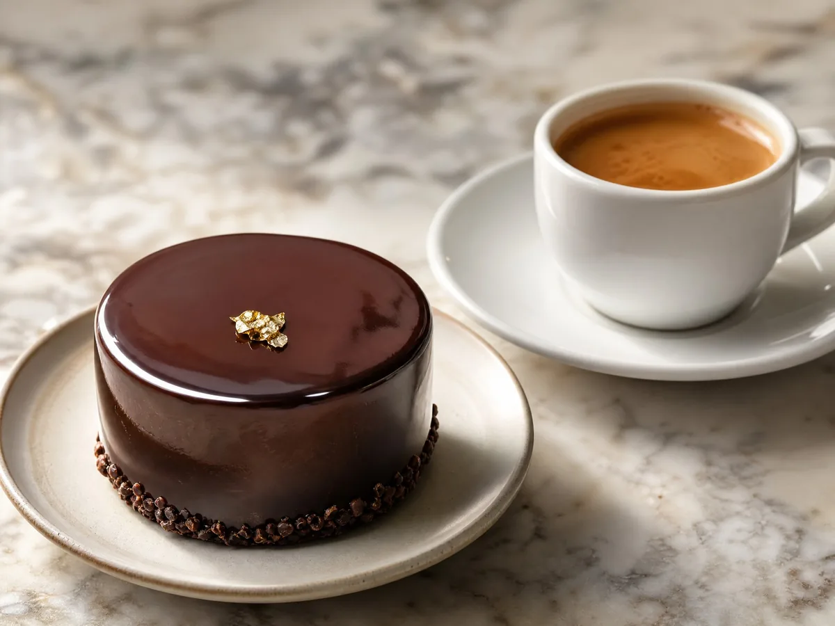 A round dark chocolate pastry medallion beside an espresso