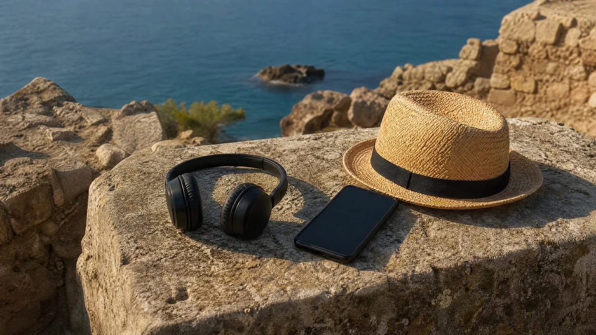 Headphones, a phone and a straw hat on an ancient stone block