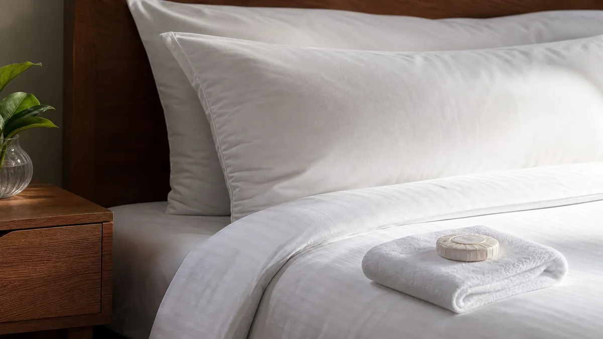 Le coin d’un lit d’hôtel fait avec du linge blanc, des oreillers et une serviette pliée