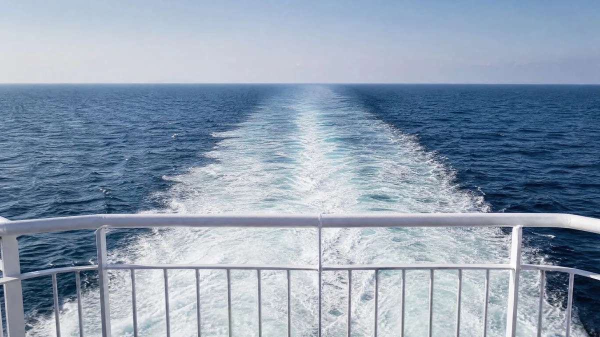 L'écume de la wake d'un ferry vue depuis son pont arrière en pleine mer