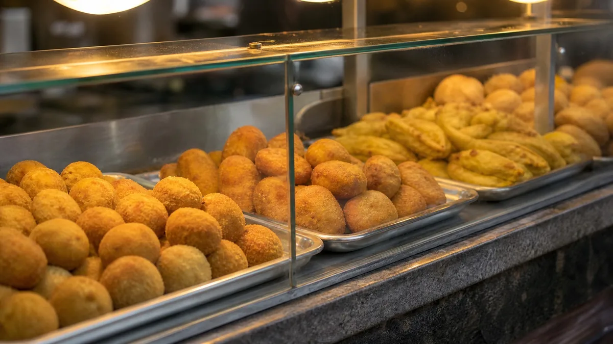 Un comptoir de street-food avec des plateaux d'arancini, de croquettes et de frittatine