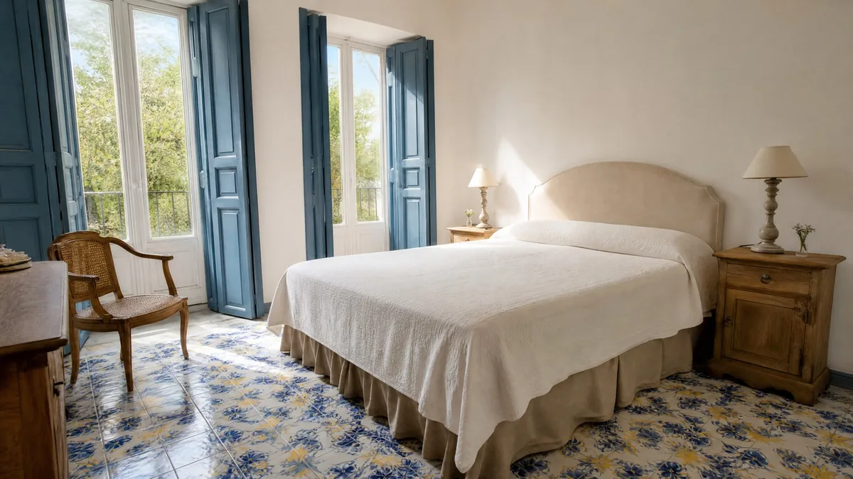 A bright guest room with a double bed, majolica floor tiles and shuttered windows