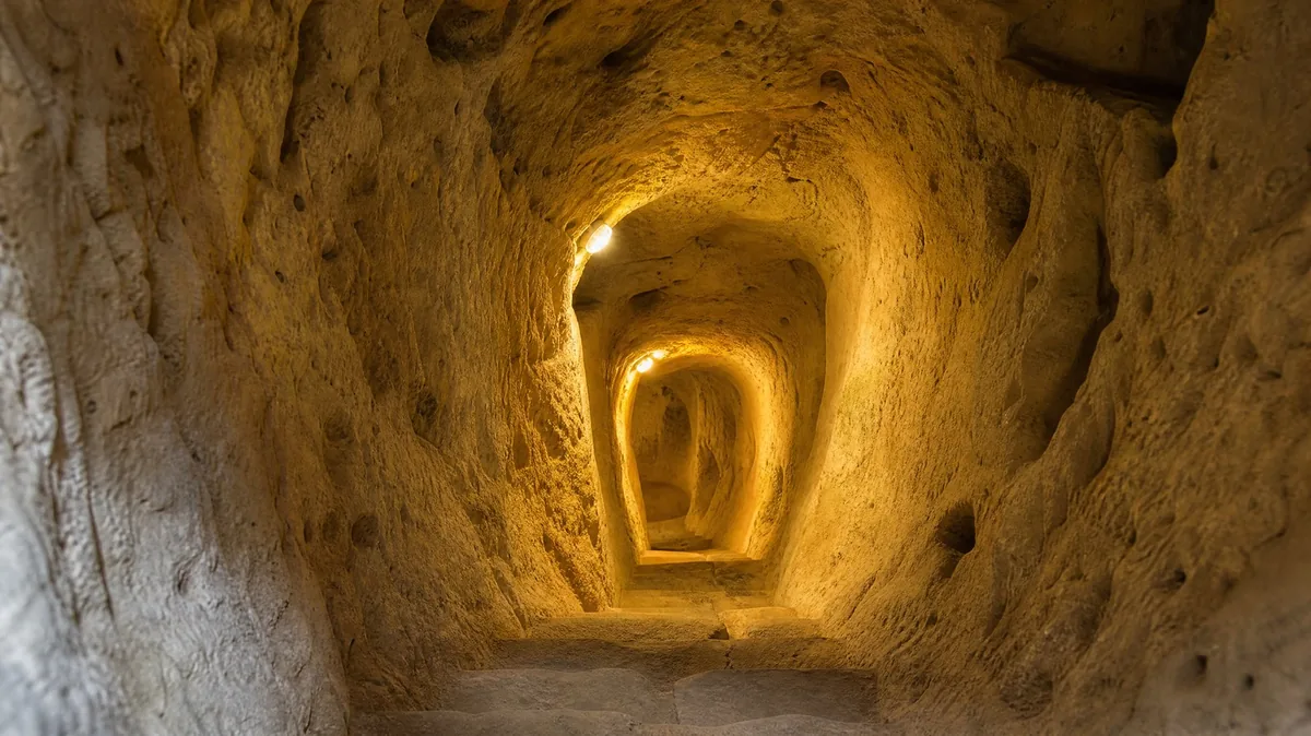Steinstufen, die in einen lampenerleuchteten Tunnel aus gelbem Tuffstein hinabführen