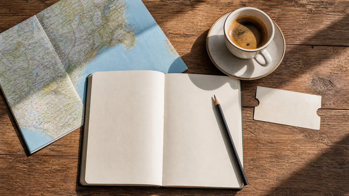 A notebook, pencil, folded map and espresso on a wooden table