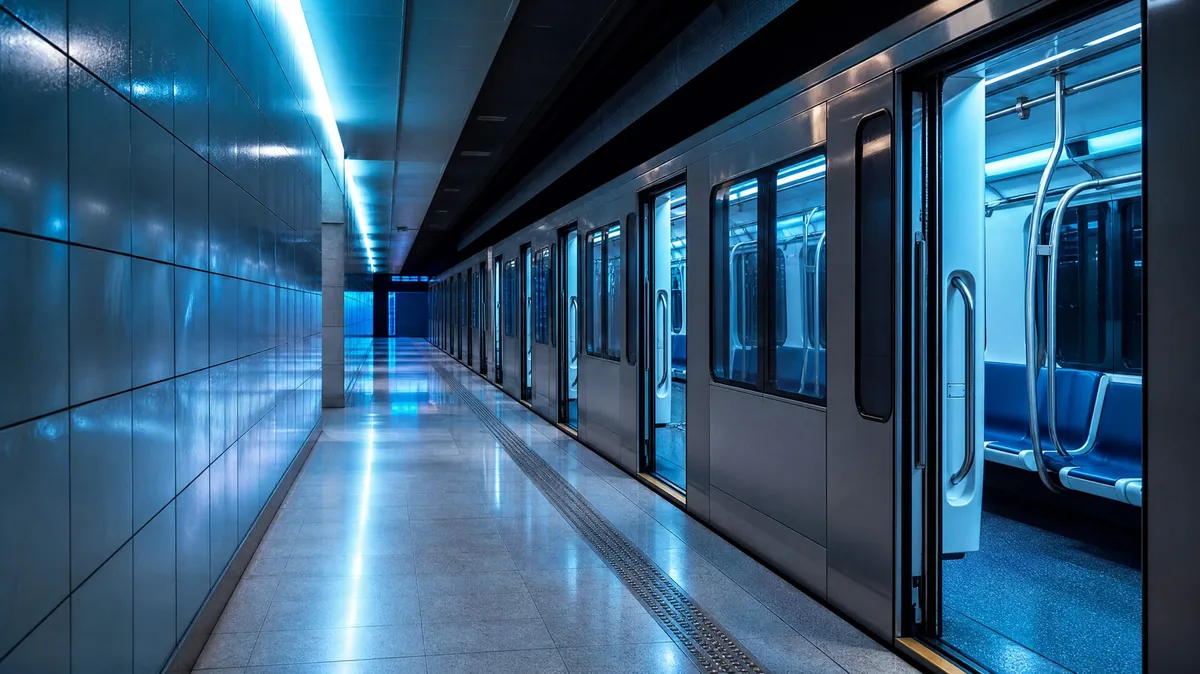 An empty underground metro platform with a train waiting, doors open
