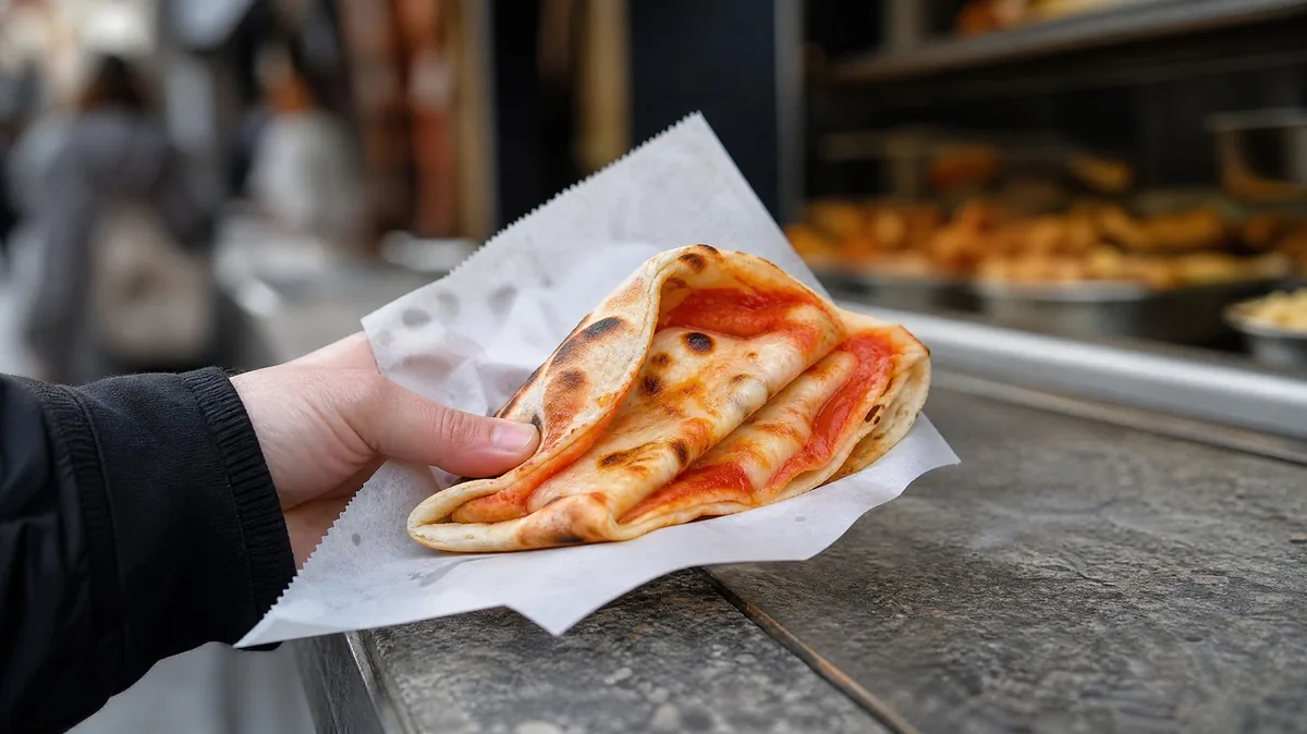 Une petite pizza pliée en quatre et enveloppée dans du papier à un comptoir de rue