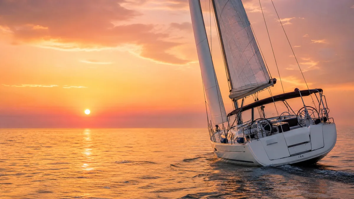 Una barca a vela bianca su un mare calmo al tramonto