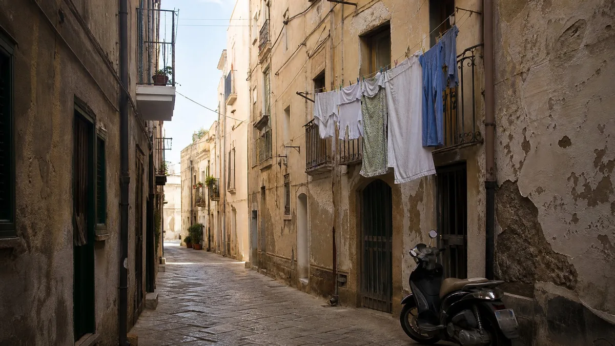 A narrow old street with washing between balconies and a parked scooter