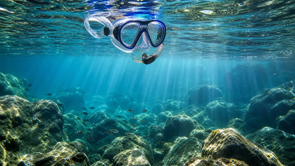 Una maschera da snorkeling che galleggia sopra rocce e piccoli pesci in acqua limpida