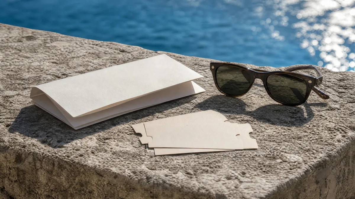 Plain admission tickets and sunglasses on a sunny stone ledge