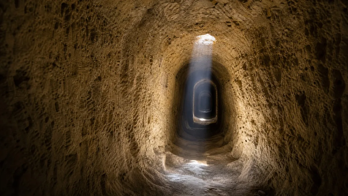 Ein rauer Tunnel, in gelbem Tuffstein gehauen, mit Tageslicht von einem Schacht oben